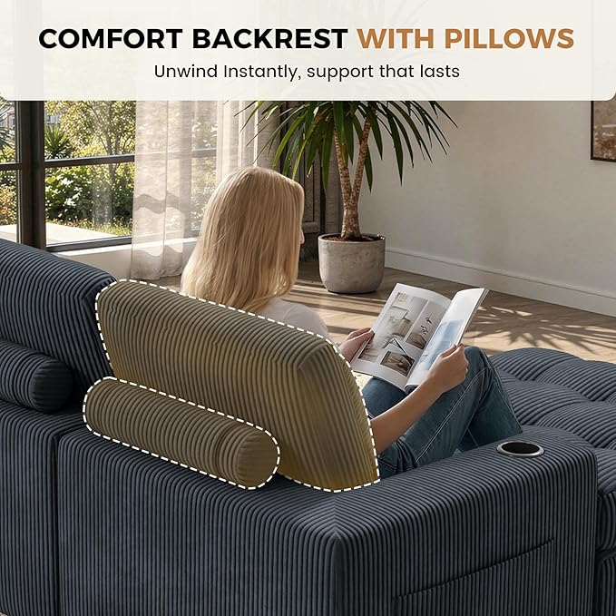 144 U Shaped Cloud Boneless CouchModern Modular Sectional Sofa with Layered CushionNo Assembly Convertible Corduroy Couches for Living RoomGrey 1 PCS