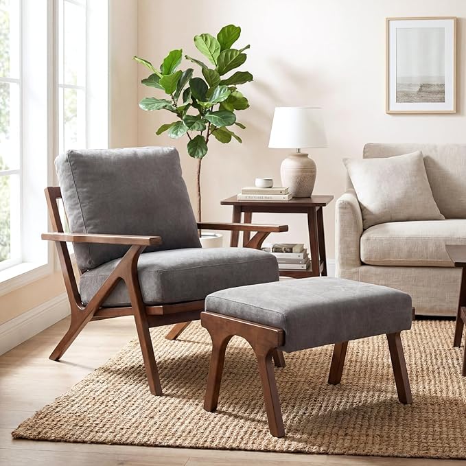 chairus Mid-Century Modern Accent Chair with Ottoman Comfy Upholstered Lounge Armchair with Removable Cushions &amp Solid Wood Frame Reading Chair for Living Room Bedroom Office Grey Denim Fabric
