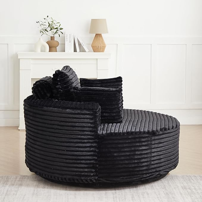 55''L Round Swivel Accent Chair Oversized Plush Corduroy Modern Swivel Barrel Chairs Upholstered Cozy Reading Chair for Living Room Bedroom Home Office (Corduroy Black)