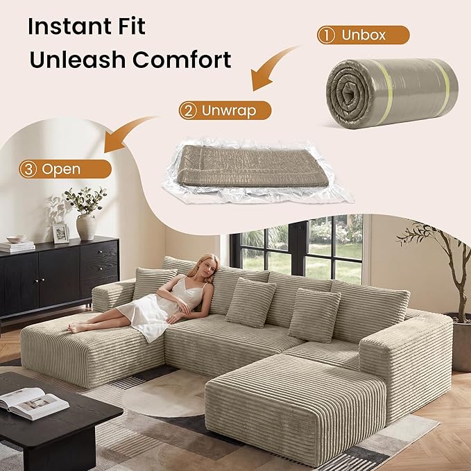Belhome 135 Oversized Modular Sectional Sofa U-Shaped Cloud Couch with 59 Deep Seat Corduroy Boneless Couch with Convertible Chaise High-Resilience Foam Compression Sofa Camel 3 Packages