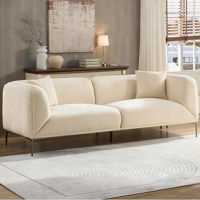 82 Modern Sofa 3-Seater Boucle Couch with Metal Legs Luxury Cloud Tuxedo Sofas Upholstered Minimalist Deep Seat Curved Couches for Living Room Bedroom Home Office Apartment Beige | Upholstered