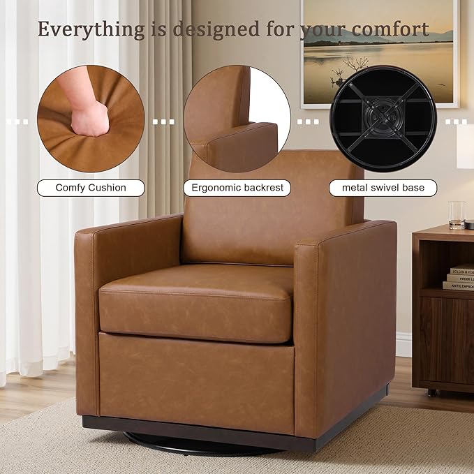 Faux Leather Swivel Accent Chairs Set of 2 360° Swivel Upholstered Club Armchairs for Living Room 31 Wide Square Single Sofa Reading Chair with Deep Seat Metal Swivel Base Brown