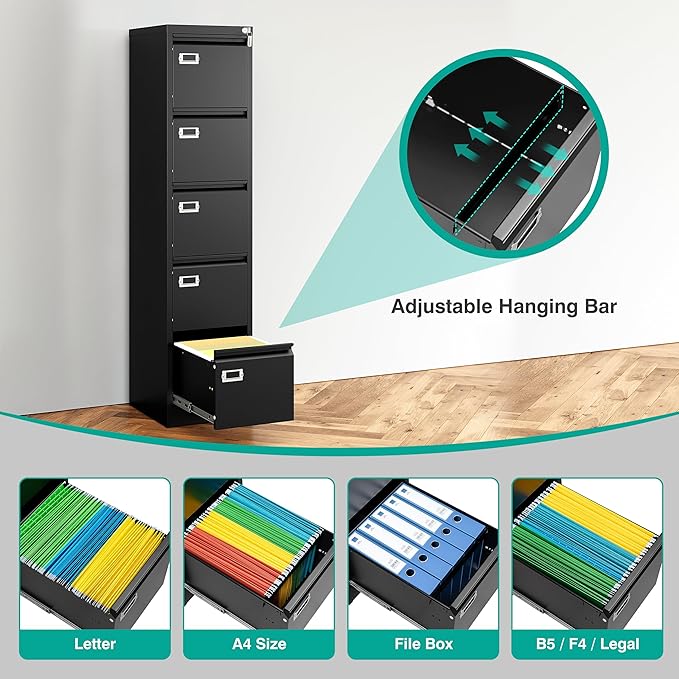 SISESOL 5 Drawer File Cabinet with Lock15 Narrow Vertical File Cabinet Five drawerTall Office Filing CabinetsBlack Metal Filing Cabinets for Home OfficeFit A4LegalLetter Size-Assembly Required