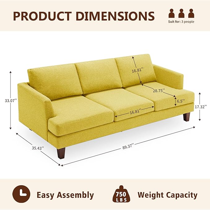 89 3-Seater Sofa Deep Seat Sofa with Comfy Cushion Mid Century Modern Couches for Living Room Upholstered Comfy Sofa Couch for Bedroom Apartment Yellow