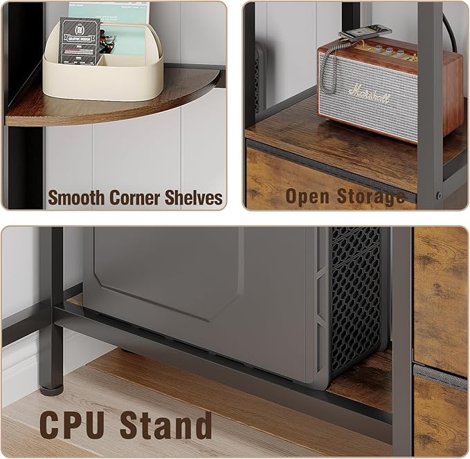 Corner Desk with 6 Fabric Drawers Shelves for Small Space Computer Desk with Power OutletsGaming Desk with Printer Monitor Stand Storage for Home Office Workstation Writing Table Brown