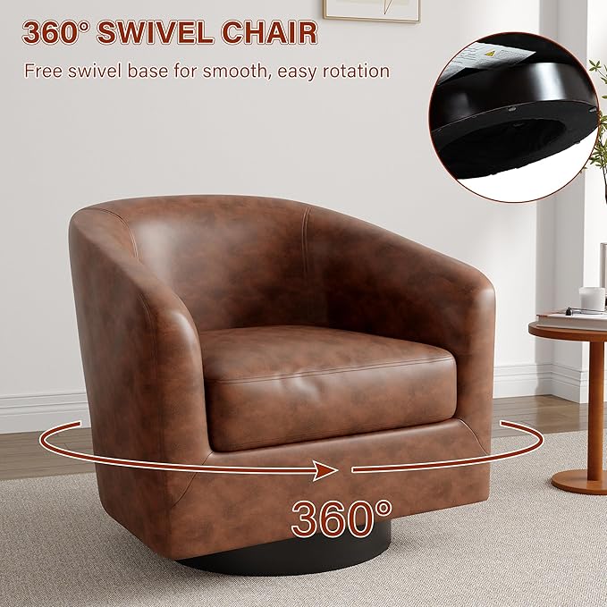 Lumibee Faux Leather Swivel Barrel Chairs Set of 2 Upholstered Comfy Round Swivel Accent Chair 360° Rotation Single Sofa Club Armchair for Living Room Reading Room Bedroom Coffee
