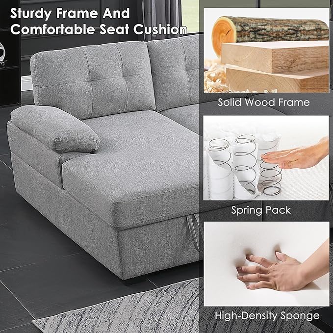 BEEY Sectional Sleeper Sofa 120 Oversized Couch Bed 4 Seat Sofa Bed U Shaped Sectional Couch with Pull Out Bed and Double Storage Chaise for Living Room Bedroom Light Grey