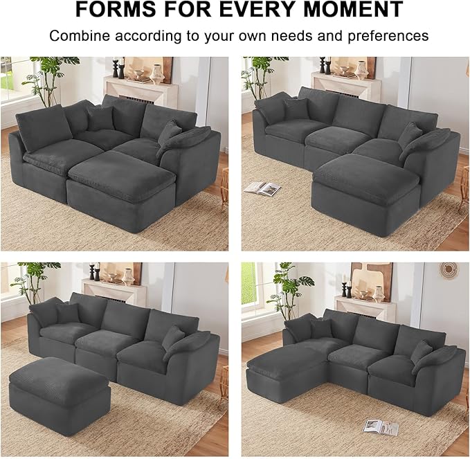 112 Cloud Sectional Couch Boneless Couches for Living Room L Shaped Couch with Convertible Ottoman Modular Sectional Sofa with Deep Seat Comfy Soft Cushions No Assembly Darkgray