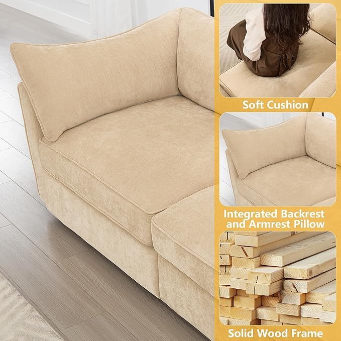 Aoowow Modular Sectional Sofa with Pullout Storage Seat 112.6” Chenille Comfy 3-Seat Sofa Couch Upholstered Deep Seat Couches with Armrests for Living Room Apartment OfficeWheat