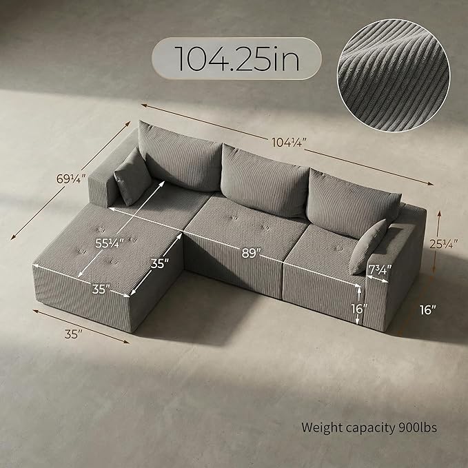 Boneless Cloud Couch with Movable Chaise Ottoman Moudular Sleeper Couch Dual-Core Support Spring &amp High-Resilience Foam 105 Corduroy Couch for Living Room No Assembly Gray