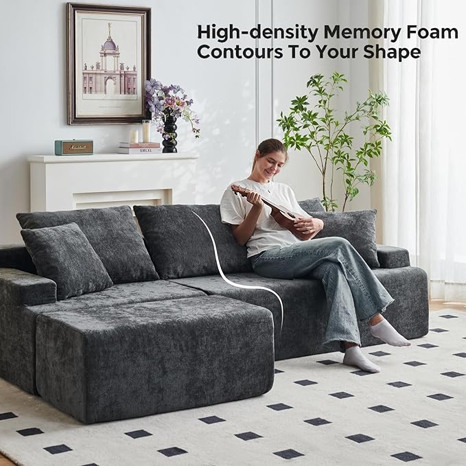 90.6 Sectional Boneless Couches Modern L-Shape Cloud Couch with Chaise Memory Foam Modular Sectional Sofas for Living Room Sofa in A Box No Assembly Required (Gray Left Facing Chaise)