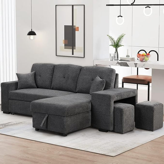 Reversible Sleeper Sectional Sofa with Side Shelf and 2 Stools Pull-Out L-Shaped Sofa Bed with Storage Chaise Left/Right Hande Corner Sofa-Bed for Living Room (Black+Blue + Velvet + Foam-01)