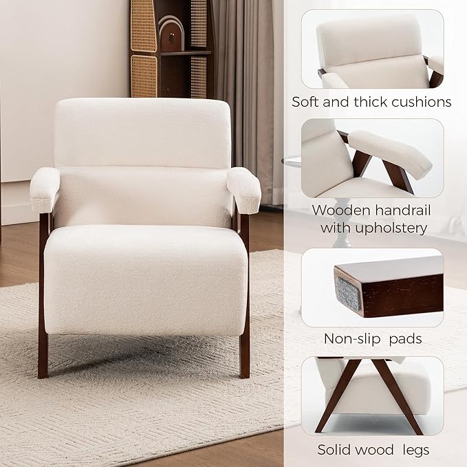 Accent Chair Mid Century Modern Living Room Chairs with Thick Cushion Comfy Upholstered Armchair Cozy Small Side Chairs for Reading Room Bedroom Ivory