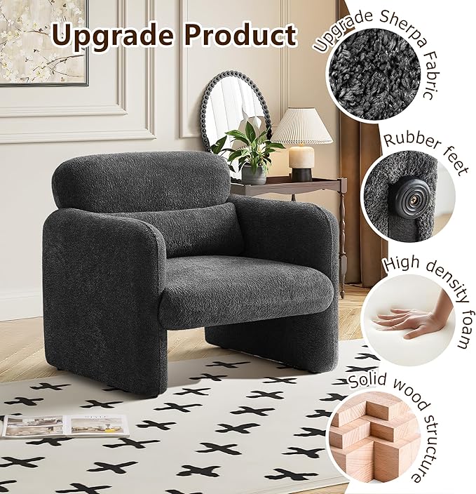 33.86 Inch Velvet Single Sofa for Living RoomAccent Chair for Small Spaces Modern Upholstered Armchair with Lumbar PillowComfy Reading Chair for Bedroom (300lbs Capacity)Dark Grey