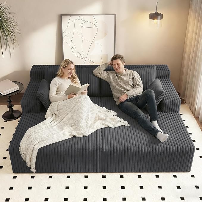 71'' Oversized Double Chaise Lounges Indoor Cloud Upholstered Boneless Couch Bed Deep Seat No Assembly Required Modern Corduroy Sleeper Loveseat Chair for Living Room Bedroom Reading (Dark Grey) |