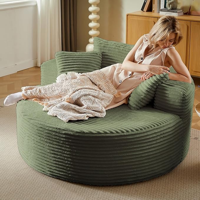 Oversized Round Chair Lounge Chaise Indoor Upholstered Corduroy Deep Seat Cloud Large Circle Sofa Chair No Assembly Required Fluffy Modern Sleeper Sofa Bed for Reading Living Room Bedroom Green