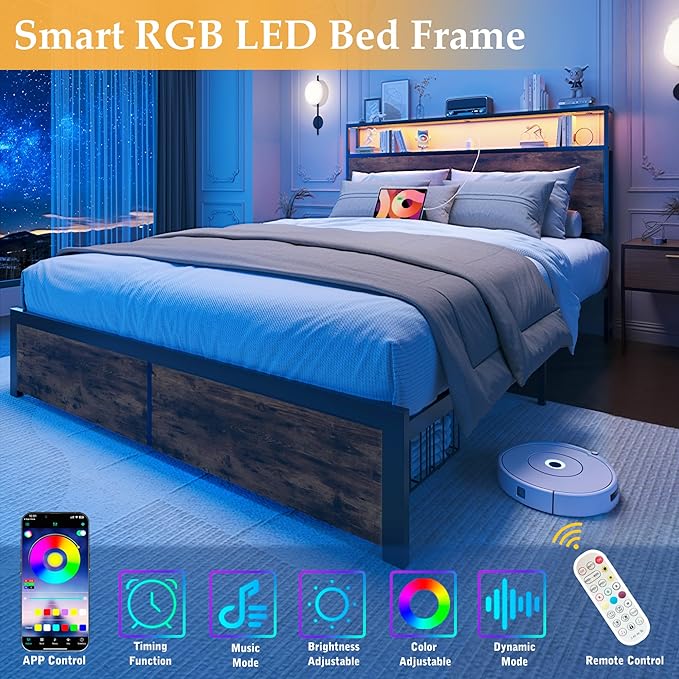 Lifezone Full Bed Frame with 2-Tier Storage Headboard Metal Bed Frame with Storage Drawers &amp Built-in Charging Station &amp LED Noise-Free No Box Spring Needed Easy Assembly Retro Brown