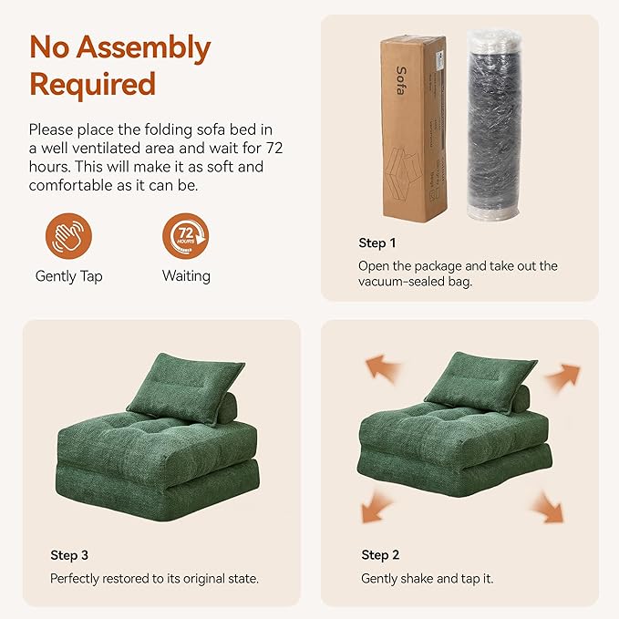 Folding Sofa Bed Fold Out Chair Bed with Pillow Convertible Sleeper Chair for Living Room/Small Spaces Foldable Lazy Sofa Bed Floor Chair Comfy Teddy Velvet Couch Bed Forest Green