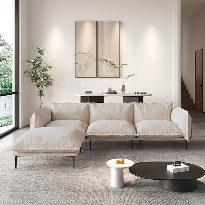 WJShome Velvet Modular Sectional Sofa with Chaise111 3-Seater Sofa with Ottomans L-Shaped Couch for Living Room 8 High Metal Legs and Easy to Clean Oatmeal