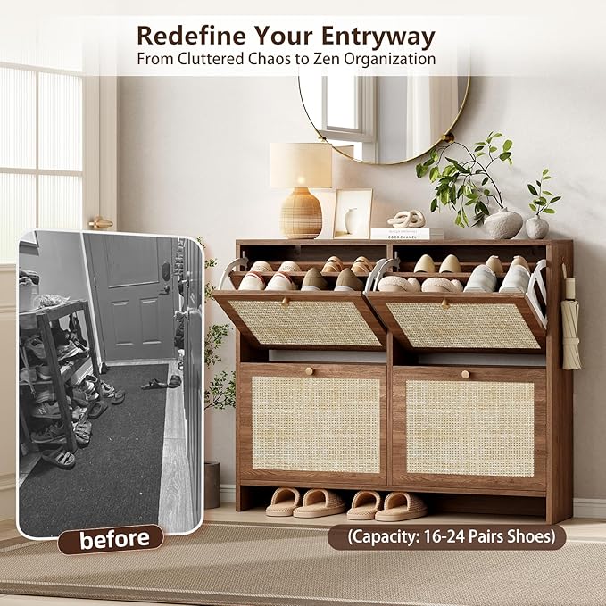 Nicetree Shoe Cabinet Storage for Entryway 4-Flip Drawer Narrow Shoe Rack Organic Modern Rattan Shoe Organizer with Gold Legs Shoe Organizer Fits Men's Size 13.5 Toasted Caramel Walnut