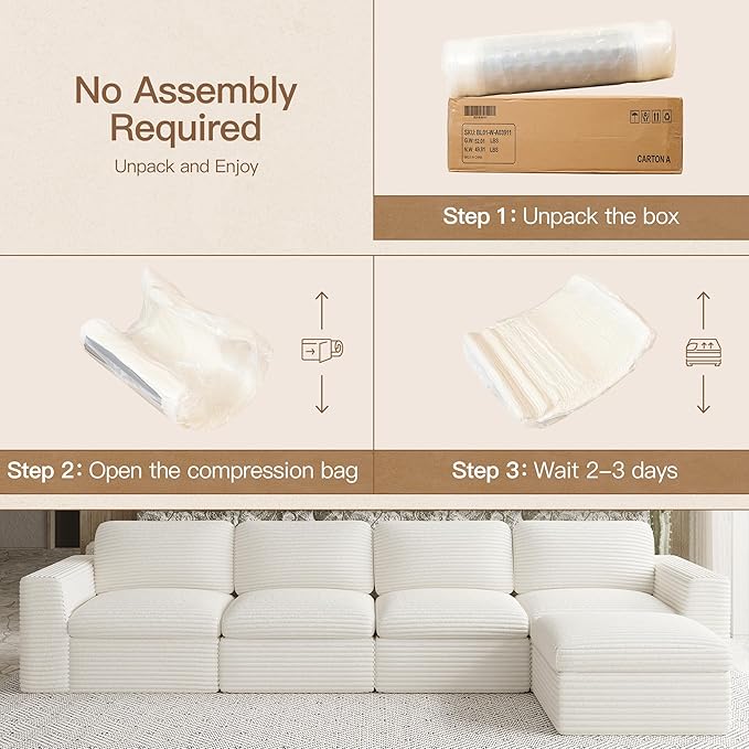 Boneless Sectional Cloud Couch with Deep Seat Plush Corduroy Modular Sectional Sofa Convertible L Shaped Couches for Living Room. White Sofa.