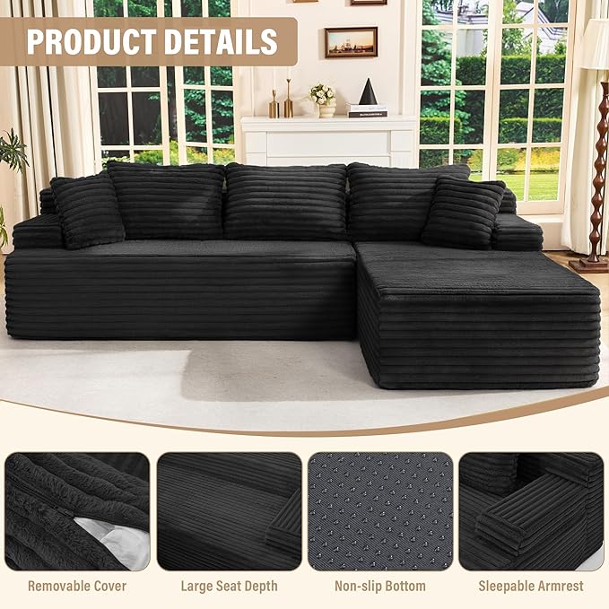 Hobestluk Modular Sectional Couch Sofa 108 Boneless Couches for Living Room Memory Foam Sectional Couch with Oversized ChaiseL-Shape Couches (Black Right Facing)