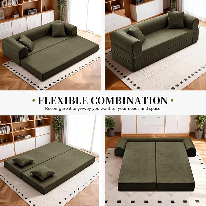 4-in-1 Folding Convertible Sofa Bed 78 Inch Faux Leather Boneless Couch Loveseat Sleeper with Pull Out Bed Floor Sofa Modular Futon Teddy Sofa for Living Room Bedroom Lounge Green