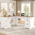 Whalefall Farmhouse L Shaped Desk with Drawers 67 Inch Executive Home Office Desk with File Cabinet Computer Corner Desk with Charging Station White