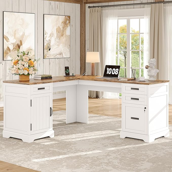 Whalefall Farmhouse L Shaped Desk with Drawers 67 Inch Executive Home Office Desk with File Cabinet Computer Corner Desk with Charging Station White