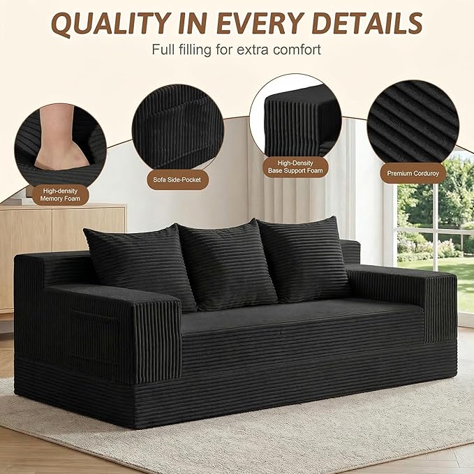 78 Convertible Sofa Bed Foldable Floor Couch Futon SofaHigh-Density Sponge Boneless Couch 3 Seater Sleeper Couch with 3 Pillows for Living Room Bedroom Lounge (Black)