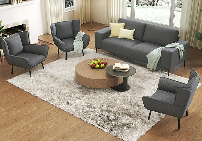 AMERLIFE 89 inch Sofa 3 Seater Sofa Chair Set 3 Chairs and Sofa Set Comfy Sofa Couch with Extra Deep Seats Grey Corduroy