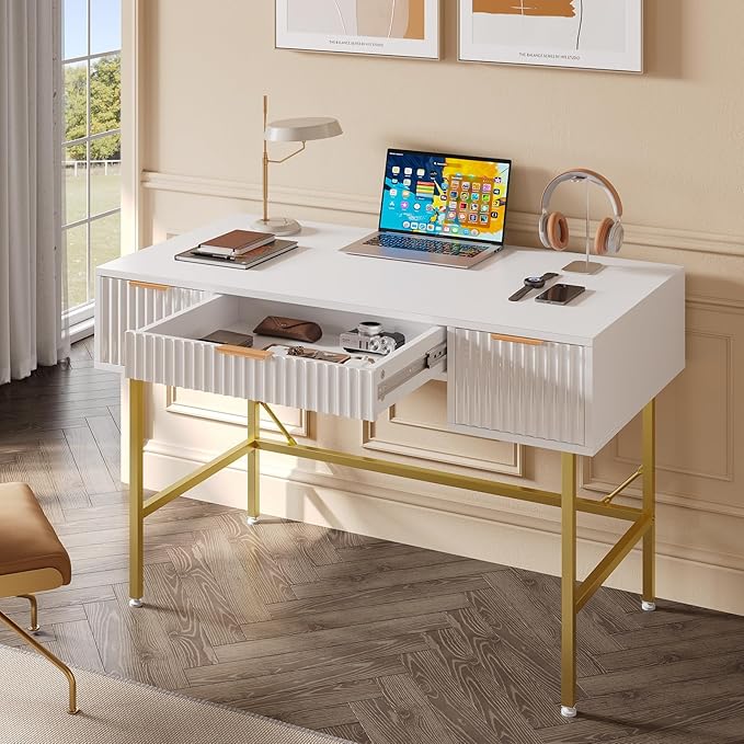 Bestier 47.6 Inch Fluted Computer Writing Desk with Drawers for Home Office White and Gold Vanity Desk Modern Simple Makeup Desk for Bedroom