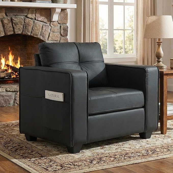 TYBOATLE Accent Chair Comfy Black Faux Leather Living Room Chair Reading Oversized Accent Chairs Tufted Mid Century Modern Arm Chair Wide Armchair for Office Bedroom Lobby