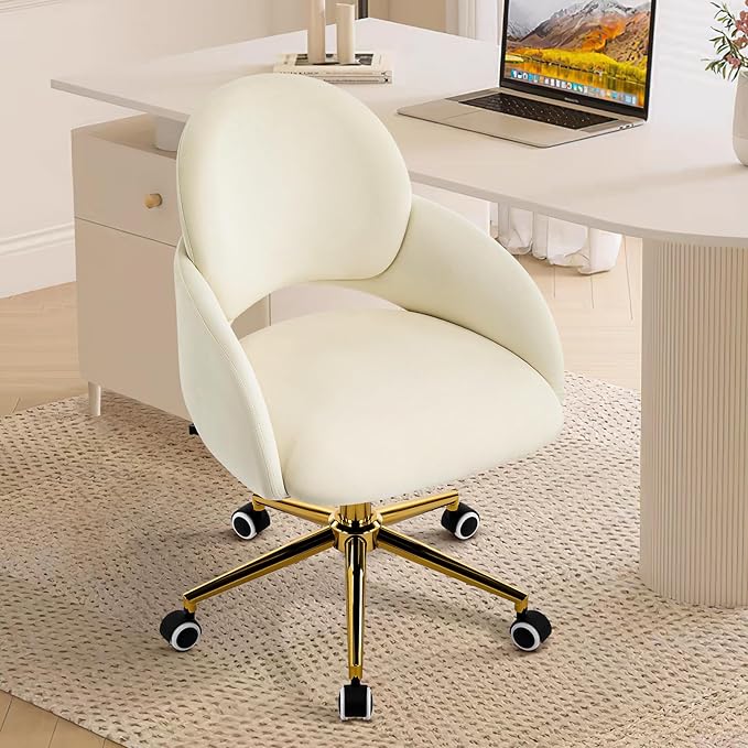 Furniliving Vanity Chair with Wheels Cute Upholstered Office Chair with Hollow-Out Back Height Adjustable Rockable Accent Chair with Gold Metal Base for Bedroom Makeup Room or Living Room (White)