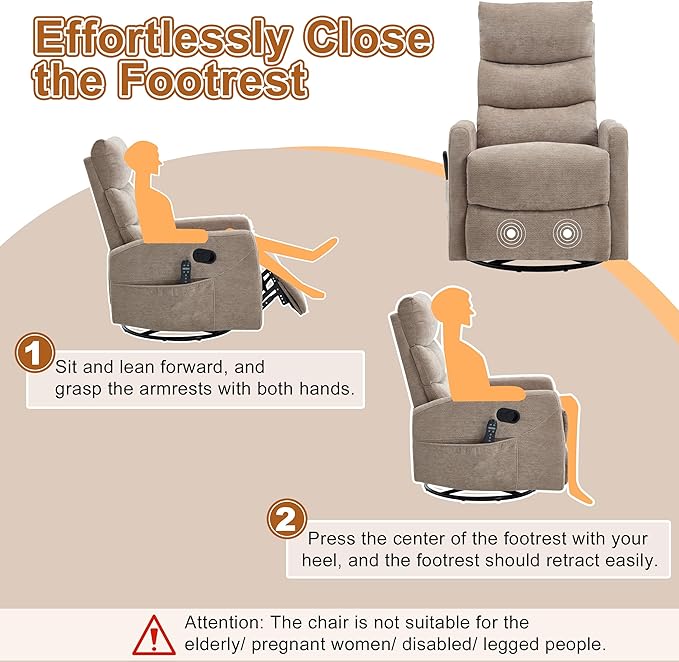 Manual Swivel Rocker Recliner Chair with Vibration Massage Overstuffed Glider Chair with Lumbar Heat for Nursery Living Room Reclining Sofa Chair Chenille Fabric Khaqi