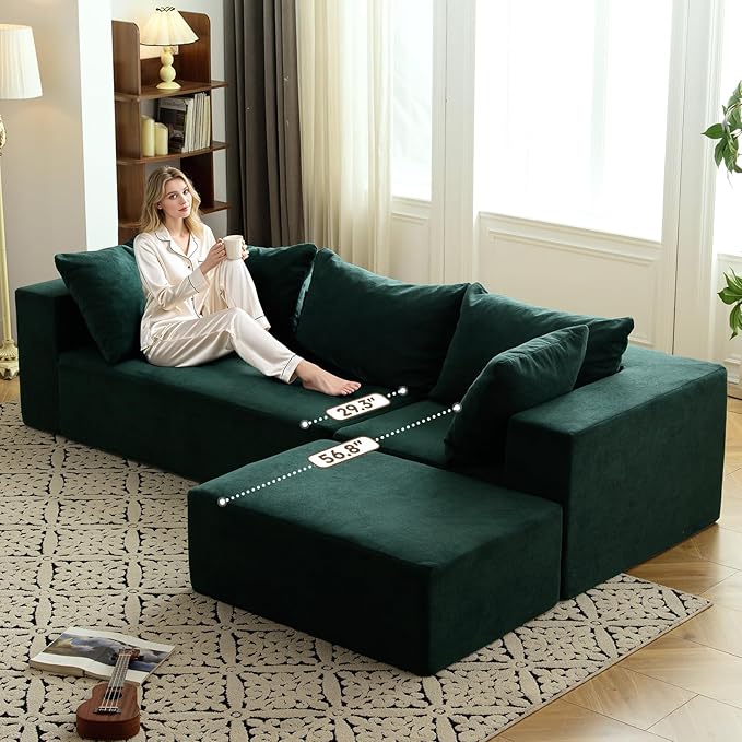 Vamcheer Modular Sectional Sofa - Modern L Shaped Boneless Couch with Deep Seat Upholstered Sectional Couches for Living Room Bedroom Office No Assembly Required Green