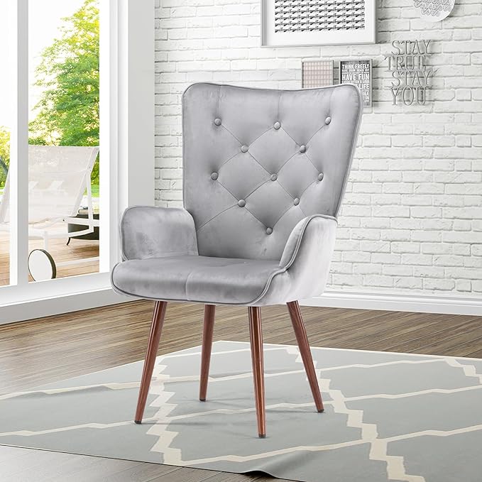 UNICOO Light Grey Velvet High Wingback Chair - Mid-Century Modern Design Vintage Button Reading Living Room Bedroom Office
