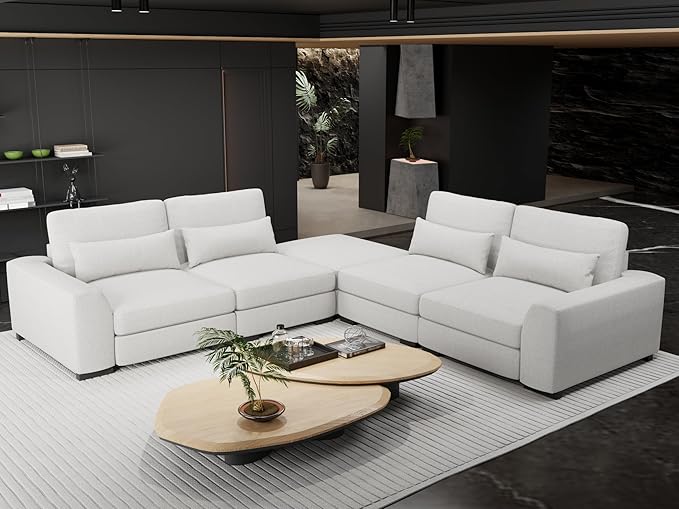 Sectional Couches for Living Room - Large Modular 5 Seat Sectional Couch-Velvet Linen with Storage Deep Seat Sofa-Convertible Sofa for Large Living Rooms-with ChaiseWashable Covers-Beige