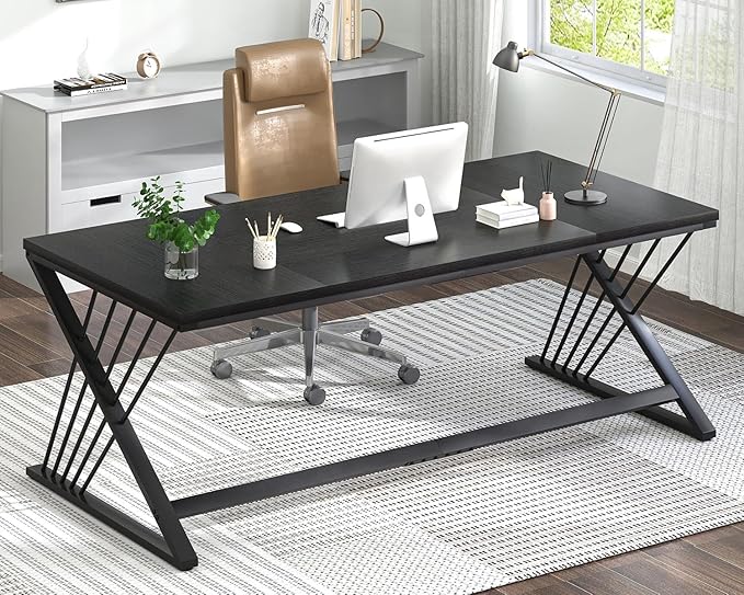 FOLUBAN 70.9 Black Computer Desk Modern Home Office Desk Large Gaming Workstation Executive Desk with Z-Shaped Legs 2 Person Large Study Writing Table for Bedroom