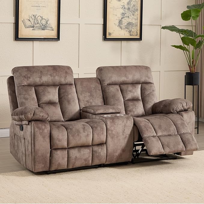 CANMOV Loveseat Recliner Manual Recliner Sofa Chair for Living Room Reclining Sofa with Storage ConsoleHidden Cup Holders 2 Seat Camel-Brown