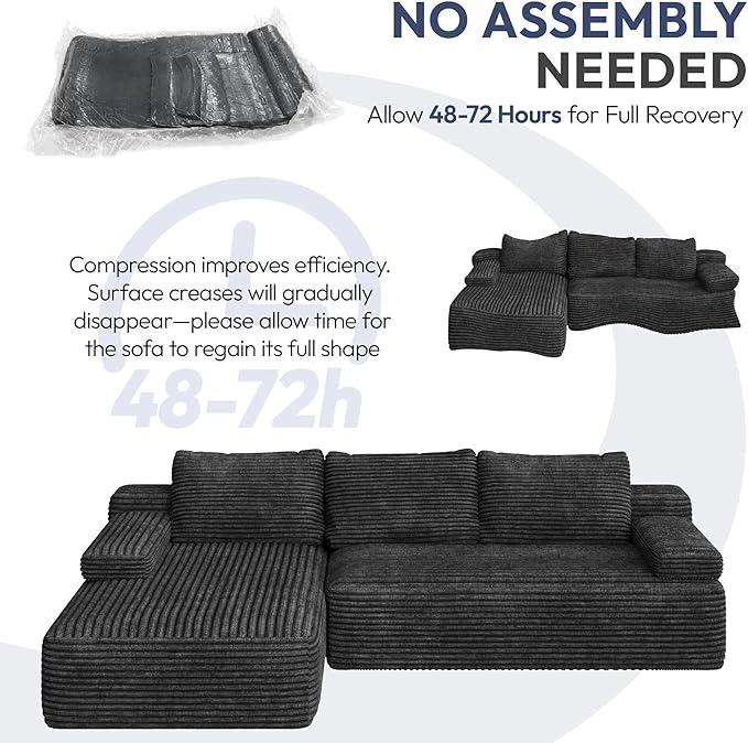 Yaheetech 110 Modular Sectional Sofa Corduroy Boneless Couch with Chaise L-Shape Cloud Couch with Detachable Pillows No Assembly Sofa for Living Room Dark Gray