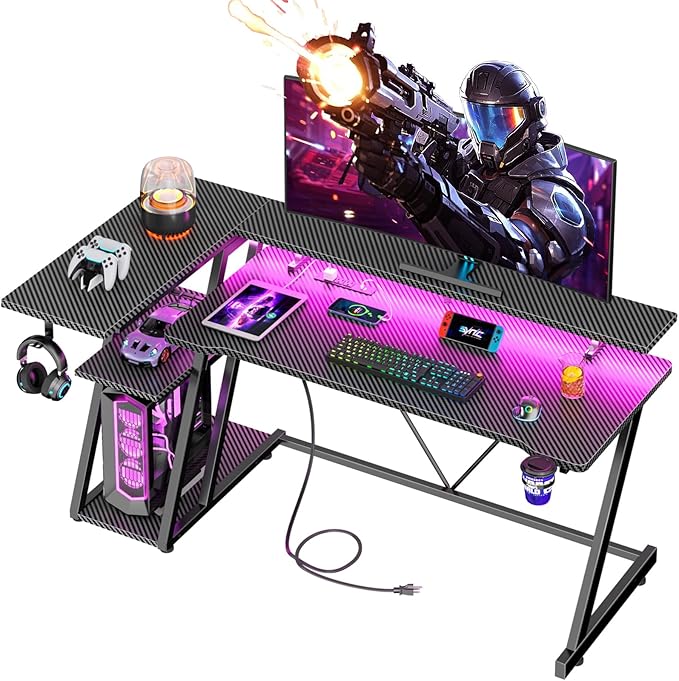 55 Inch Gaming Desk with Power Outlet &amp LED Lights L Shaped Gamer Computer Table with Storage Shelves for Bedroom Corner Home Office Desk Carbon Fiber Black