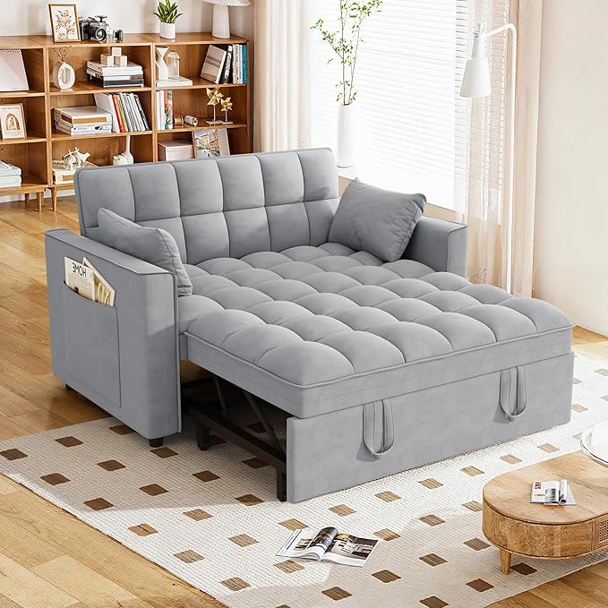 Hison Convertible Sleeper Sofa Bed 3 in 1 Pull Out Couch Bed with Adjustable Backrest Sectional Small Couches for Small Spaces Loveseat for Apartment Living Room (Gray Velvet)