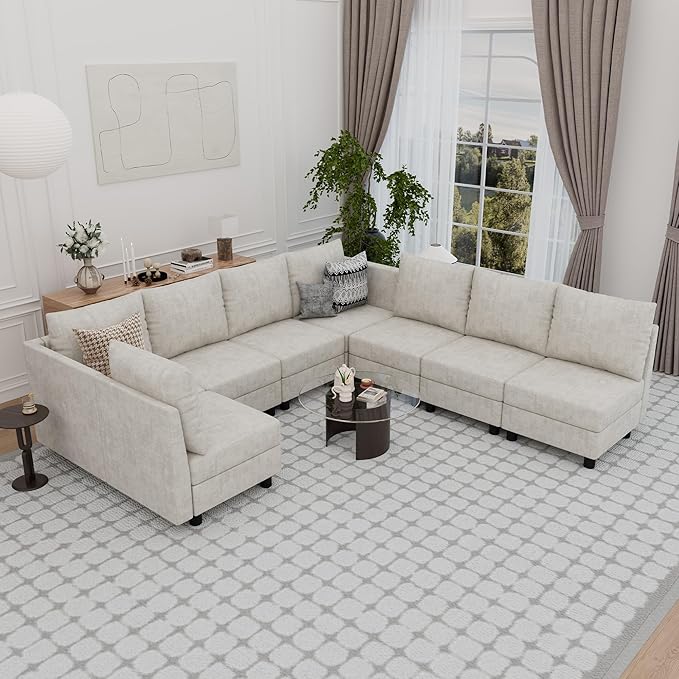 Fiona's magic Modular Sectional Sofa Set 8 Seats Sleeper Sofa Couch with Storage Sectional Sofa Couch with USB Charging Port Modern Comfy Chenille Couch for Living Room Beige