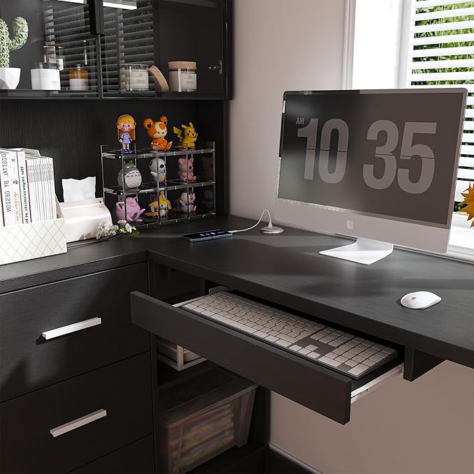 L-Shaped Computer Desk with Glass Cabinets &amp LED Lights Corner Work Desk with Power Outlets and Slide Drawers Home Office Desk with Storage Shelves Corner Office Desk for Home Office Study Ga