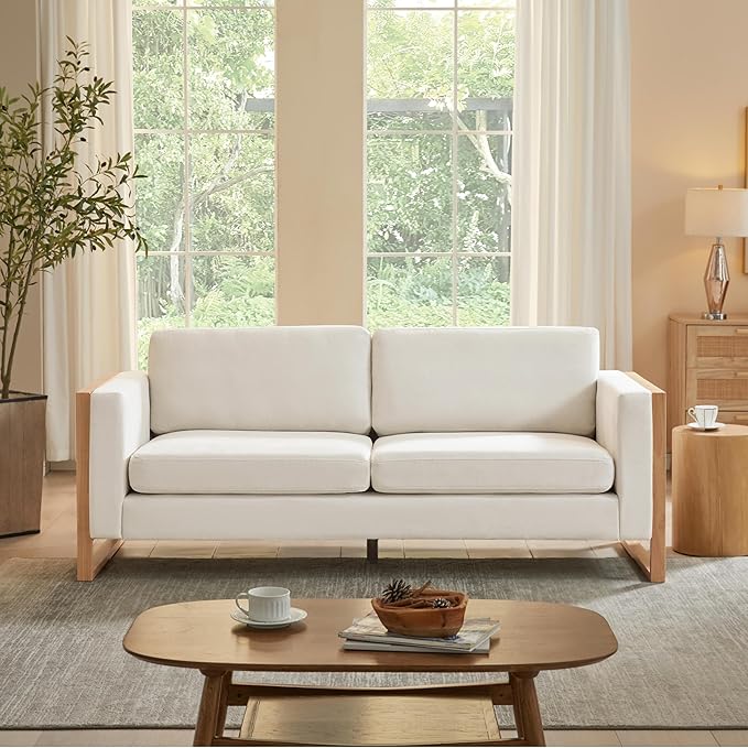 Merax 79 Loveseat Sofa Modern Sofa with Solid Wood Legs Elegant Comfortable Spacious 2-Seater Sofa Couch for Living Rooms Bedrooms Apartment Office (White Natural Color Frame)