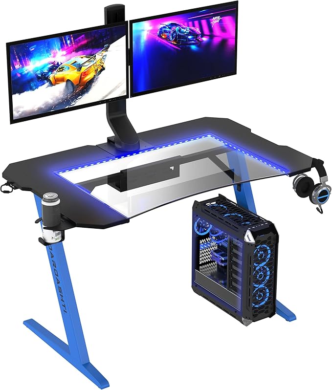 Dardashti Gaming Desk PC Computer Desk Home Office Desk Gaming Table Z Shaped Gamer Workstation with Cup Holder and Headphone Hook Z1-21 Cobalt Blue