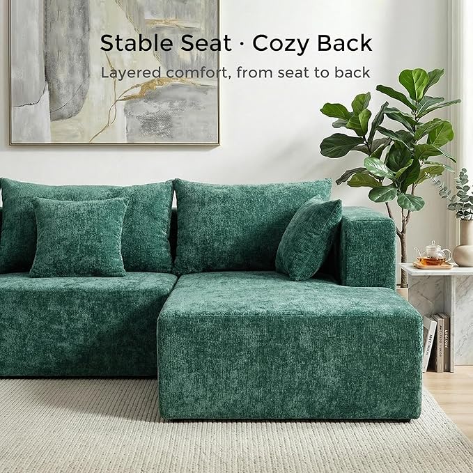 WELAX 104 Modular Sectional Couches for Living Room Boneless Couch L-Shape with Cup Holders &amp Pillows Modern Chenille Cloud Sofa 4 Seater Home Comfy Sofas for Bedroom Green