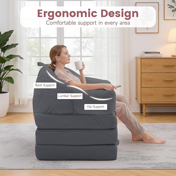 Folding Sofa Bed Convertible Sleeper Chair with Armrest Floor Futon Couch with Pillow Sleeper Single Chair for Adults Couches for Living Room Small Couches for Small SpacesGrey