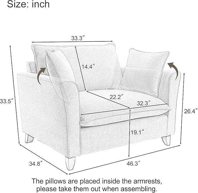 46.30 Oversized Armchair Chenille Fabric Comfy Chair and a Half Single Sofa with Pillow for Living Room Bedroom Office Apartment Cream Color